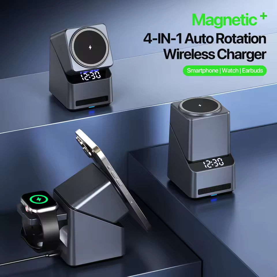 Magnetic 4 in 1 Auto Rotation Wireless Charger with Clock