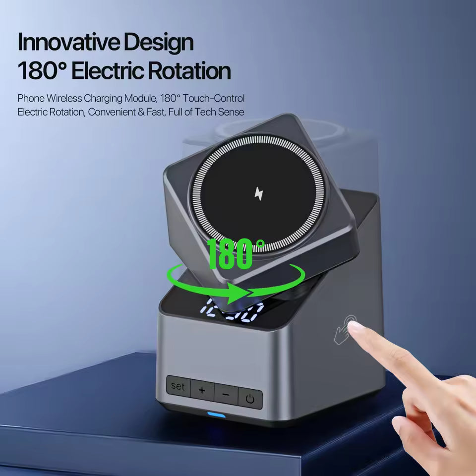 Magnetic 4 in 1 Auto Rotation Wireless Charger with Clock