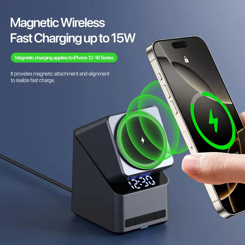 Magnetic 4 in 1 Auto Rotation Wireless Charger with Clock