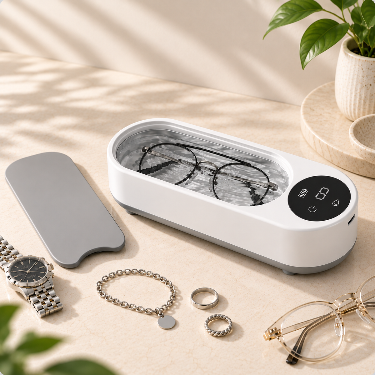 Sonavelle ultrasonic cleaner with glasses, jewellery, and small accessories
