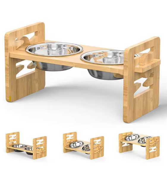 Elevated Adjustable Bamboo Pet Bowl Stand