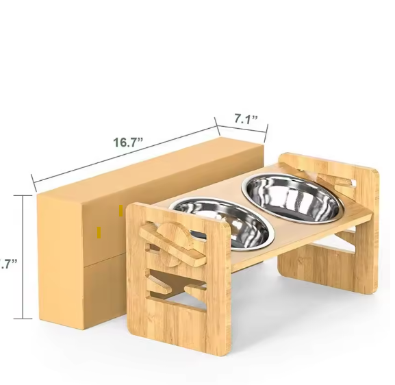 Elevated Adjustable Bamboo Pet Bowl Stand
