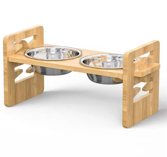 Elevated Adjustable Bamboo Pet Bowl Stand