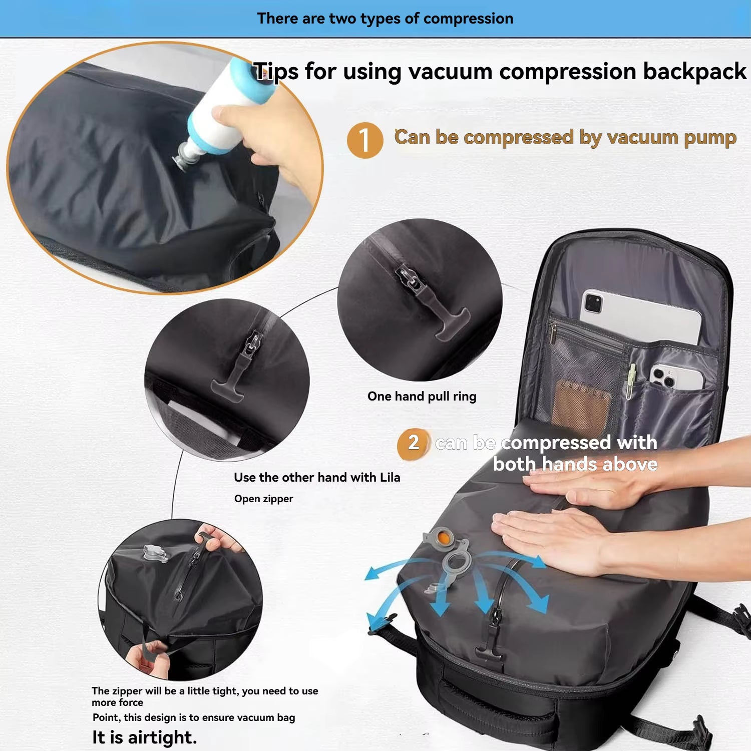 Vacuum sealed built-in air pump travel backpack